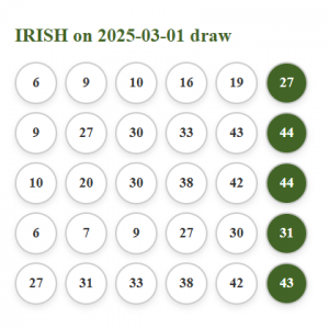 Irish Lottery Main Draw 2% share of the prize if any of the 5 tickets wins 01/03/2025