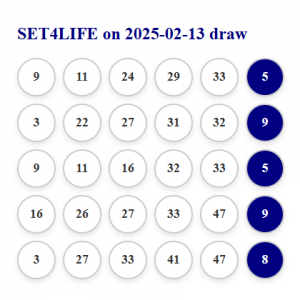 Set 4 life 2% share of the prize if any of the 5 tickets wins 13/02/2025